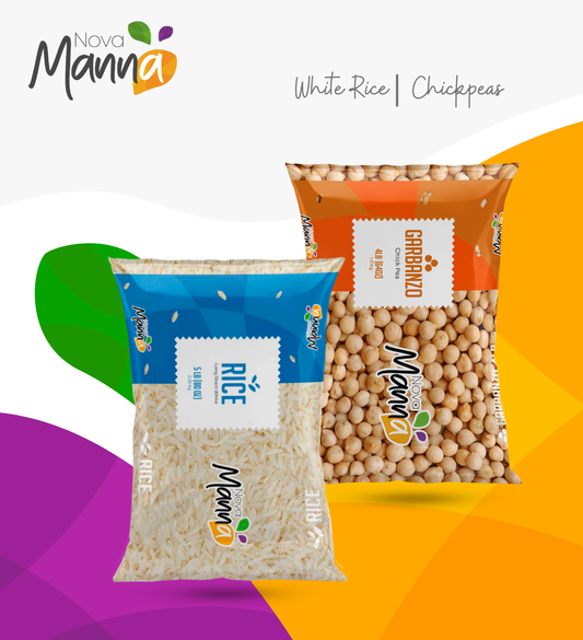 Paquete Duo de Arroz y Garbanzos Nova Manna: 5 lbs cada uno (2 bolsas).