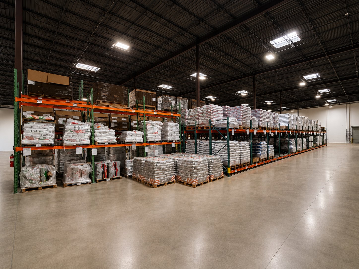 Racked inventory inside the La Mirada warehouse