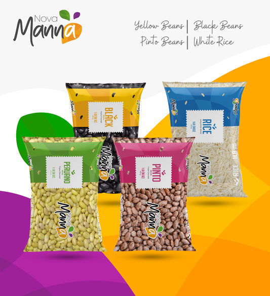 Nova Manná – Essential Grains Starter Pack | Yellow, Pinto, Black Beans & White Rice.